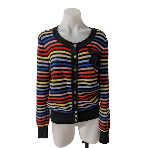 Bordado Size Medium Bow Button Up Cardigan Black Red Yellow Blue Striped Cotton - Picture 1 of 14